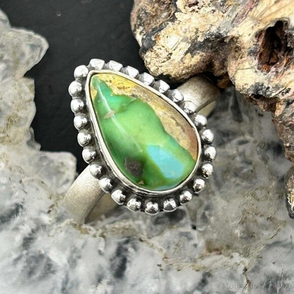 Sterling Southwestern Style Teardrop Sonora Gold Turquoise Adjustable Ring #1